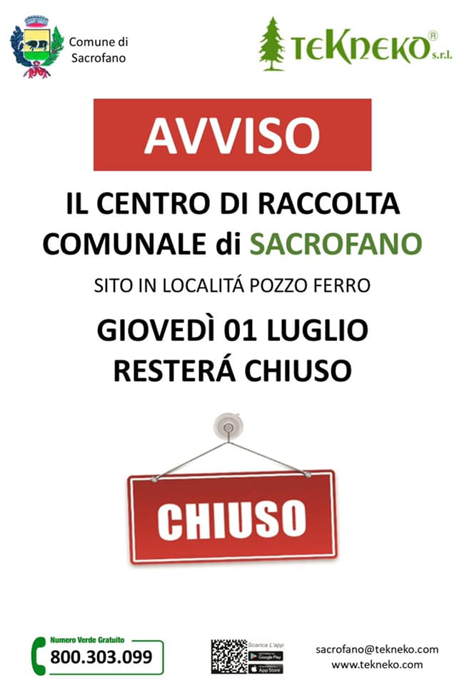 AVVISO: CHIUSURA CENTRO RACCOLTA 