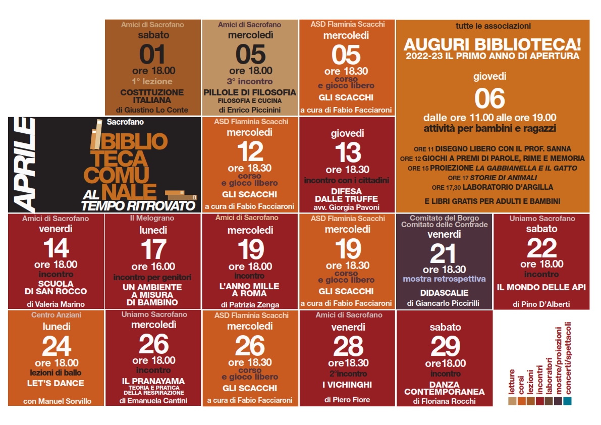 Calendario ad Aprile attività biblioteca