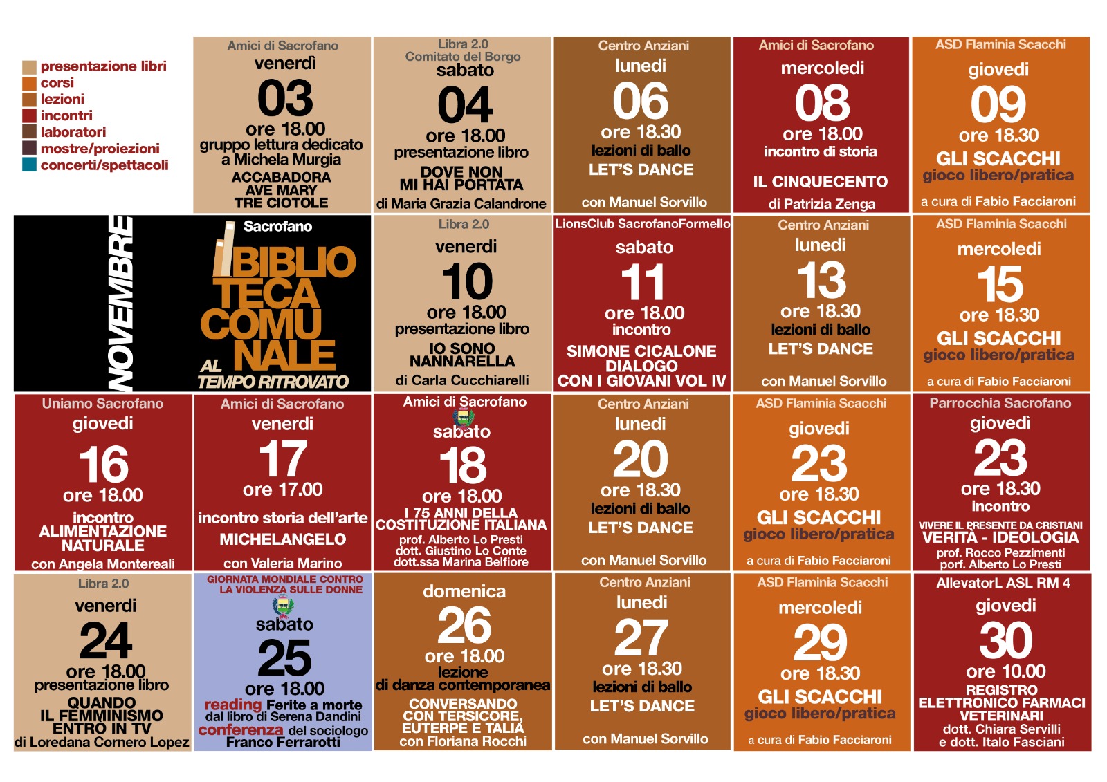 Calendario a Novembre attività biblioteca