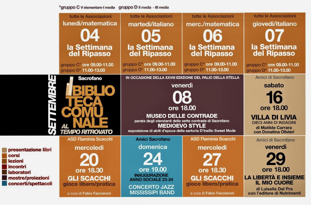 Calendario a Settembre attività biblioteca