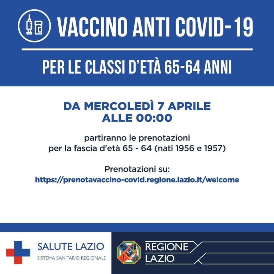 PRENOTAZIONE VACCINO: FASCIA DI ETÀ 64 E 65 ANNI