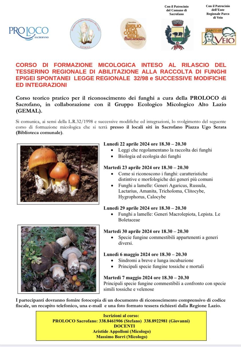 AL VIA A SACROFANO LA SECONDA EDIZIONE DEL CORSO DI FORMAZIONE MICOLOGICA 
