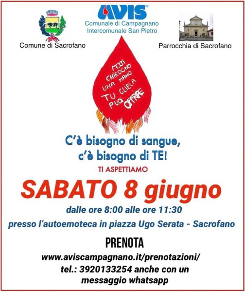 SABATO 8 GIUGNO: DONAZIONE DI SANGUE A SACROFANO