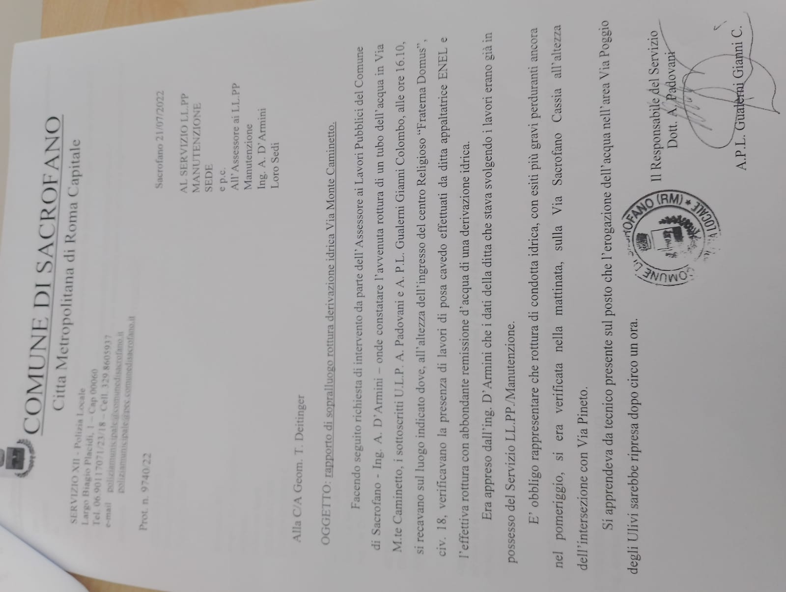 Rapporto di sopralluogo rottura derivazione idrica via Monte Caminetto