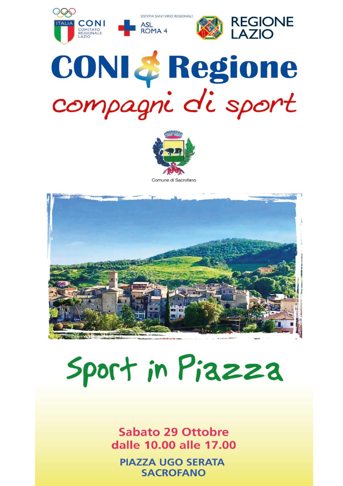 SPORT IN PIAZZA A SACROFANO: SABATO 29 OTTOBRE VILLAGGIO SPORTIVO DEL CONI E SCREENING A CURA DELLA ASL ROMA 4 