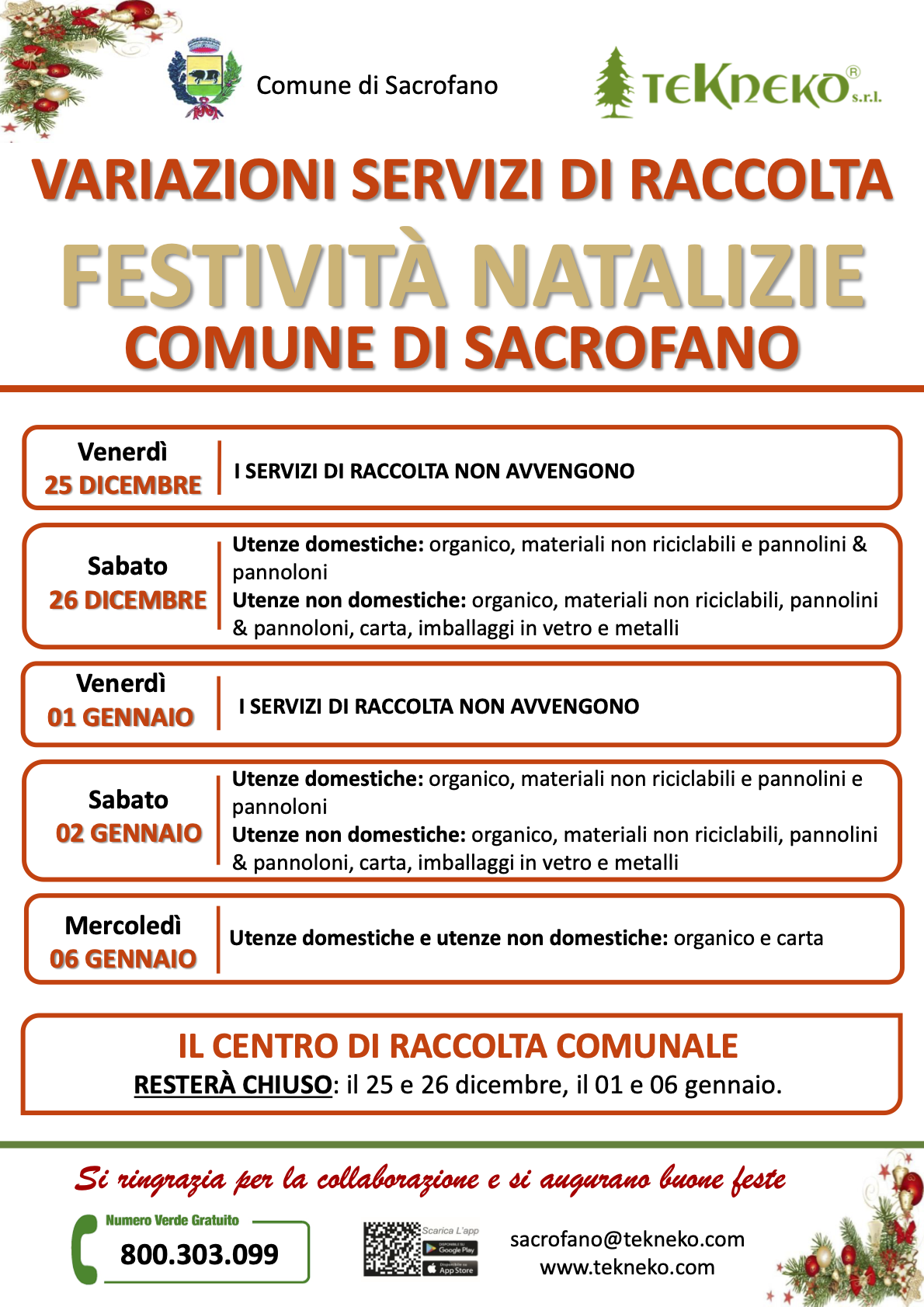 Servizi festività natalizie 2020 2021 Sacrofano