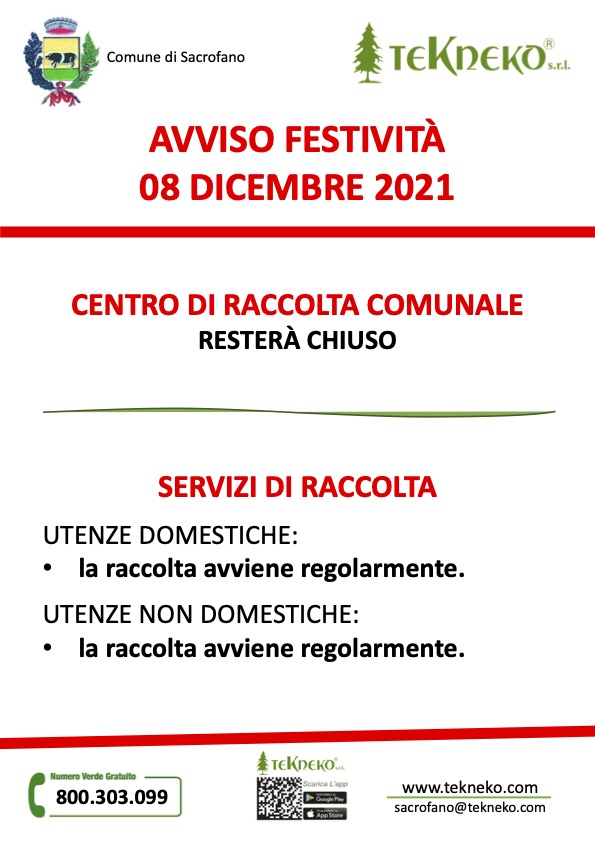 Servizi festività 8 dicembre 2021 Sacrofano