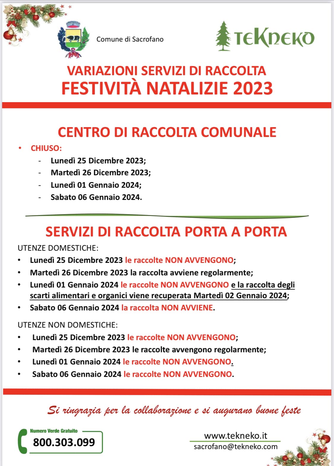 Servizi festività natalizie 2023