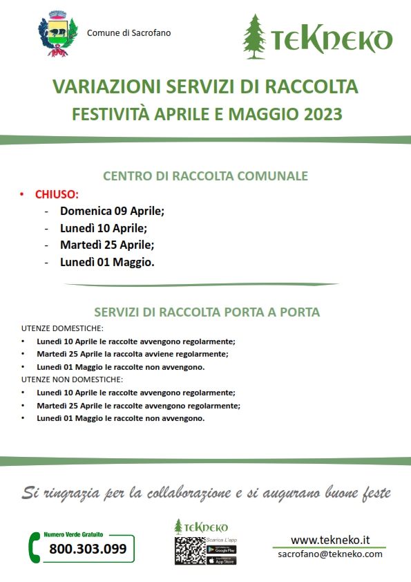 FESTIVITÀ APRILE E MAGGIO 2023 VARIAZIONI SERVIZI DI RACCOLTA 