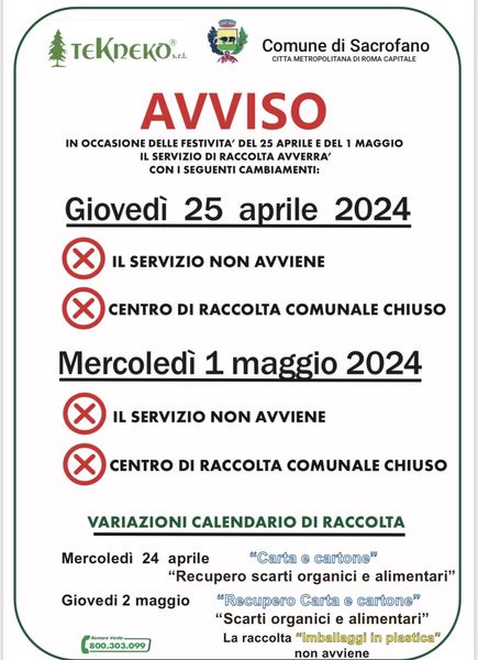 FESTIVITÀ APRILE E MAGGIO 2024 VARIAZIONI SERVIZI DI RACCOLTA 