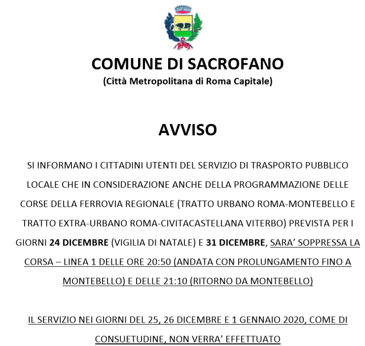 Modifiche dei servizi di trasporto pubblico locale in occasione delle festività natalizie.