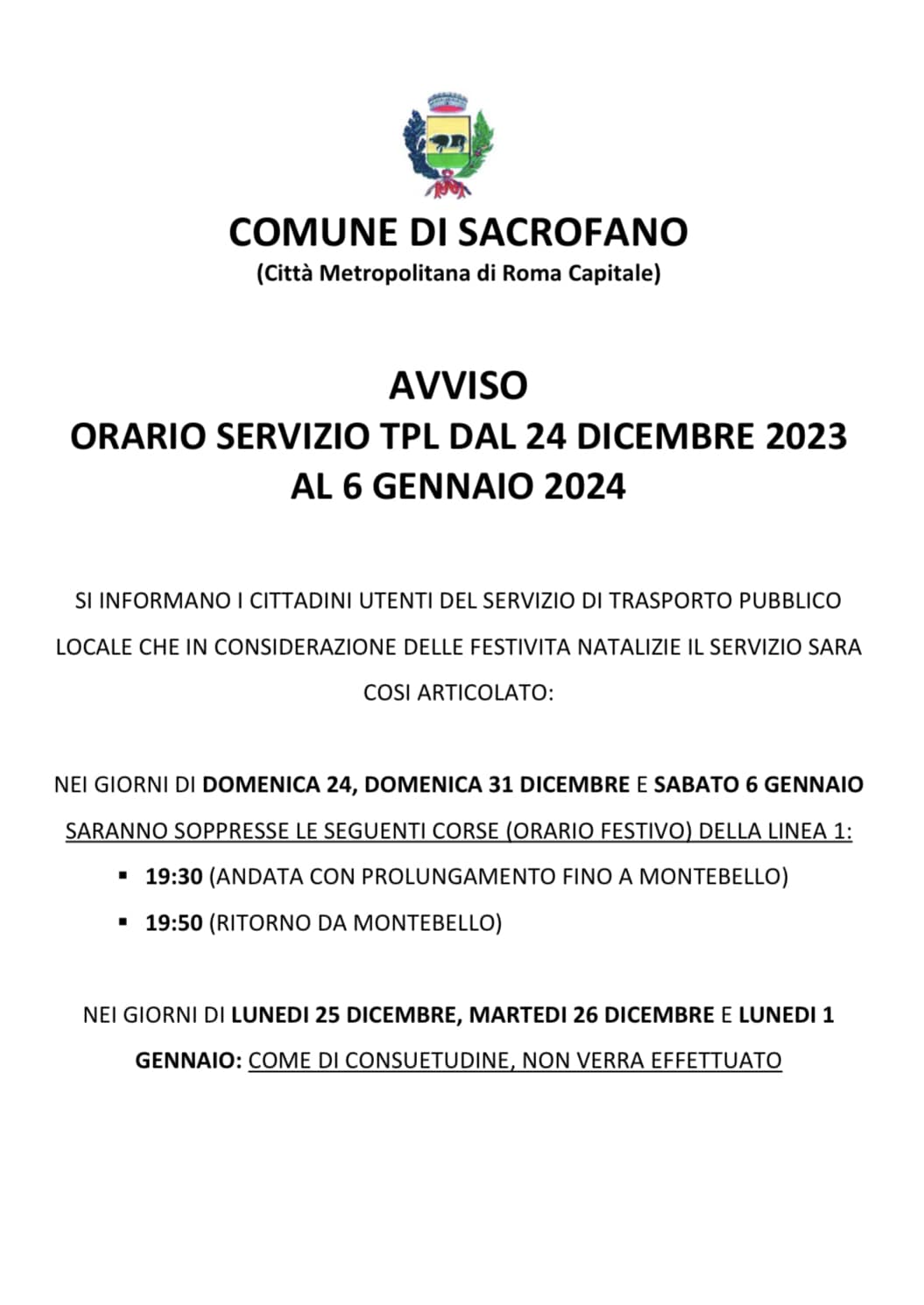 avviso corse festività natalizie 2023